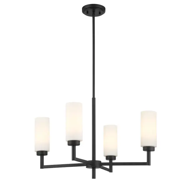 Get glowing with this angular, stylish 4-light chandelier. Each arm is finished in Matte Black and holds a tall, sleek cylinder of white opal glass for bright yet flattering light. This chandelier is 26" in width and has an adjustable height ranging from 17" to 71". It comes with four 12" downrods and one 6" downrod. Uses 4 candelabra size bulbs of up to 60 watts per bulb. Bulbs not included. Rooms: Bedroom, Closet, Dining Room, Entryway, Family Room, Foyer, Great Room, Kitchen, Living Room, Lobby, Waiting Room, Media Room Finish: Matte Black Glass: White Opal Width: 26.00" Height: 17.00" Length: 26.00" Weight: 8.14 lb Wire: 80" Rod: 4 x 12" & 1 x 6" Canopy: 0.78"x5.1"x5.1" Number of Bulbs: 4 Maximum Wattage: 60.00 W Bulb Type: Candelabra Bulb Base: E12 Light Source: Incandescent/LED Dimmable Voltage: 120.00 V Material: Metal, Glass Safety Listing: ETL Safety Rating: Dry LED