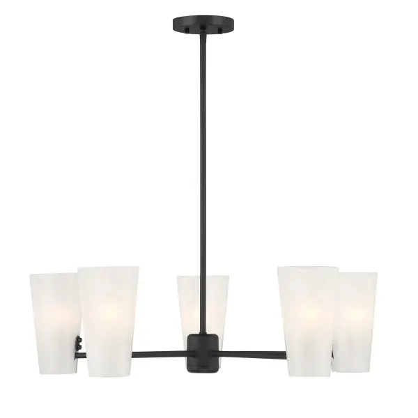 This 5-light chandelier takes mid-century modern style and gives it a fresh, magical twist with shades of strie glass featuring dazzling swirls that draw the eye, soften the glow and work beautifully with the Matte Black finish. The chandelier is 30" in width and has an adjustable height ranging from 8.25" to 62.25". It comes with four 12" downrods and one 6" downrod. Uses 5 candelabra size bulbs of up to 60 watts per bulb. Bulbs not included. Rooms: Bedroom, Closet, Dining Room, Entryway, Family Room, Foyer, Great Room, Kitchen, Living Room, Lobby, Waiting Room, Media Room Finish: Matte Black Glass: White Strie Width: 30.00" Height: 8.25" Length: 30.00" Weight: 12.75 lb Wire: 80" Rod: 4 x 12" & 1 x 6" Canopy: 0.78"x5.1"x5.1" Number of Bulbs: 5 Maximum Wattage: 60.00 W Bulb Type: Candelabra Bulb Base: E12 Light Source: Incandescent/LED Dimmable Voltage: 120.00 V Material: Metal, Glass Safety Listing: ETL Safety Rating: Dry LED