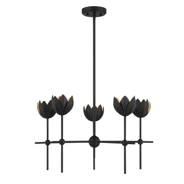 This 5-light chandelier beautifully blossoms forth, infusing your home with organic-meets-modern style. It is illuminated by G9 LED light bulbs and finished in Matte Black. Adjustable height ranges from 14" to 68". Comes with four 12" downrods and one 6" downrod. 26" width. Bulbs not included. Rooms: Bedroom, Closet, Dining Room, Entryway, Family Room, Foyer, Great Room, Kitchen, Living Room, Lobby, Waiting Room, Media Room Finish: Matte Black Width: 26.00" Height: 14.00" Length: 26.00" Weight: 9.02 lb Wire: Wire Included: 80" Rod: 4 x 12" & 1 x 6" Canopy: 0.98"x5.1"x5.1" Number of Bulbs: 5 Maximum Wattage: 3.50 W Bulb Type: G9 Bulb Base: G9 Light Source: LED Dimmable Voltage: 120.00 V Material: Metal Safety Listing: ETL Safety Rating: Dry LED