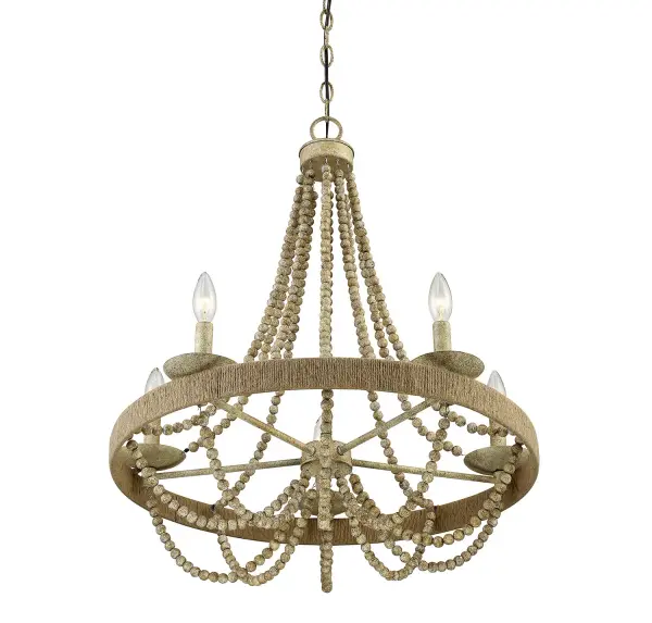Typical chandelier style is given a relaxed, rustic makeover in this 5-light chandelier! A rope-wrapped ring is accentuated by rows of textural beads and then finished in Natural Wood. 28" in height and 26" in width. Collection: Mchan Rooms: Bedroom, Closet, Dining Room, Entryway, Family Room, Foyer, Great Room, Kitchen, Living Room, Lobby, Waiting Room, Media Room Finish: Natural Wood with Rope Width: 26.00" Height: 28.00" Length: 26.00" Weight: 11.66 lb Chain: 1 x 120" Wire: 144" Canopy: 1"x5.13"x5.13" Number of Bulbs: 5 Maximum Wattage: 60.00 W Bulb Type: E26 Bulb Base: E12 Light Source: Incandescent/LED Dimmable Voltage: 120.00 V Material: Metal, Beads, Rope Safety Listing: UL/CUL Safety Rating: Dry LED
