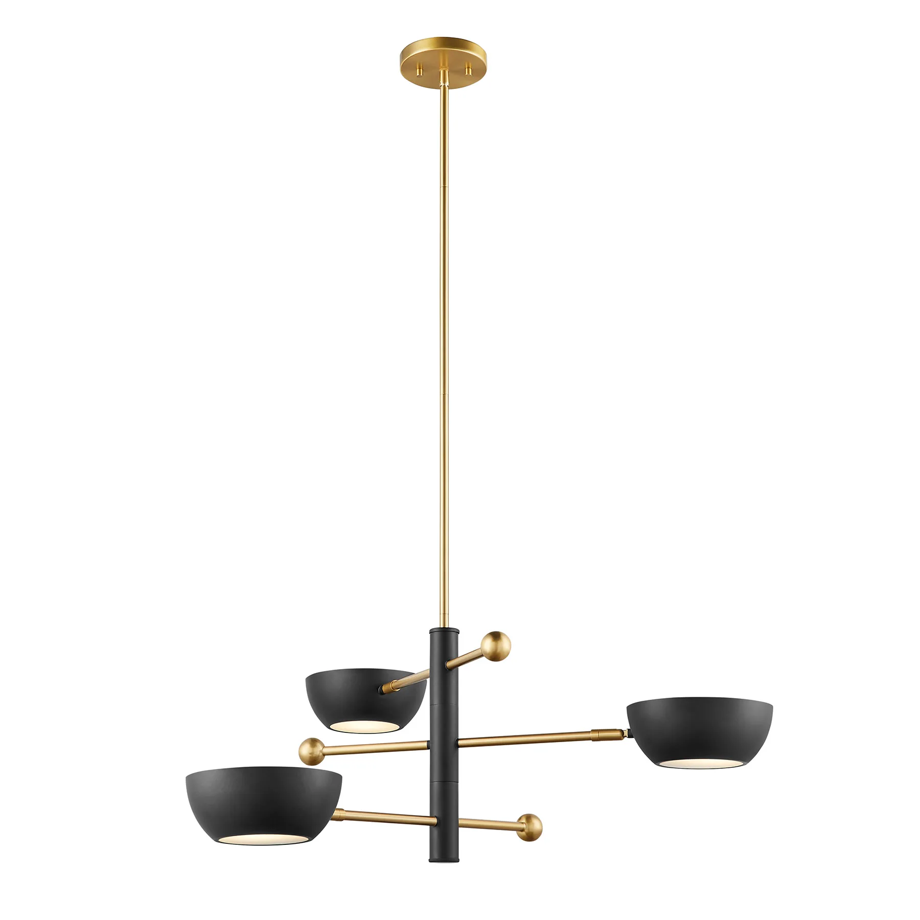 Three Light Chandelier in Matte Black and Natural Brass