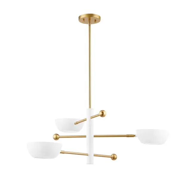 3-Light Chandelier in White and Natural Brass - Image 2