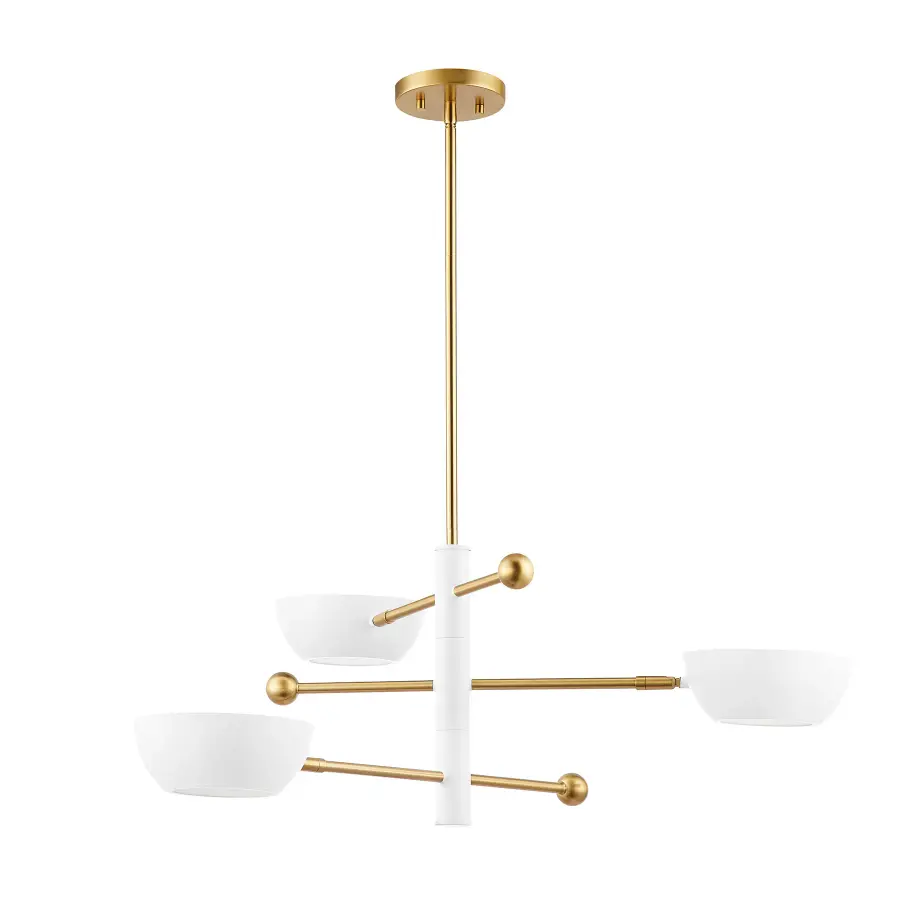 3-Light Chandelier in White and Natural Brass - Image 2