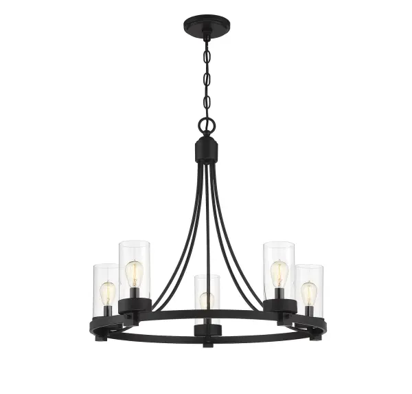 The sleek circular design of this 5-light chandelier showcases cylinders of clear glass and a versatile matte black finish, giving you a look that is perfect for many spaces. It is 23" in height and 26" inches in width, plus it comes with 120" of chain to let you adjust the hanging height as needed. This chandelier uses 5 standard size bulbs with a maximum of 60 watts per bulb, is LED compatible and is dimmable. Collection: Mchan Rooms: Bedroom, Closet, Dining Room, Entryway, Family Room, Foyer, Great Room, Kitchen, Living Room, Lobby, Waiting Room, Media Room Finish: Matte Black Glass: Clear Width: 26.00" Height: 23.00" Length: 26.00" Weight: 9.70 lb Chain: 1 x 120" Wire: 144" Canopy: 0.75"x5.13"x5.13" Number of Bulbs: 5 Maximum Wattage: 60.00 W Bulb Type: C11 Bulb Base: E12 Light Source: Incandescent/LED Dimmable Voltage: 120.00 V Safety Listing: ETL/CETL Safety Rating: Dry LED