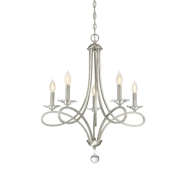 Elegantly curving arms are decorated with clear crystal bobeches and a clear crystal finial in this 5-light chandelier, which is finished in Brushed Nickel. 29.25" in height and 26" in width. Collection: Mchan Rooms: Bedroom, Closet, Dining Room, Entryway, Family Room, Foyer, Great Room, Kitchen, Living Room, Lobby, Waiting Room, Media Room Finish: Brushed Nickel Crystal: Clear, K9 Width: 26.00" Height: 29.25" Length: 26.00" Weight: 10.23 lb Chain: 1 x 120" Wire: 144" Canopy: 1.25"x5"x5" Number of Bulbs: 5 Maximum Wattage: 60.00 W Bulb Type: C11 Bulb Base: E12 Light Source: Incandescent/LED Dimmable Voltage: 120.00 V Material: Metal Safety Listing: UL/CUL Safety Rating: Dry LED