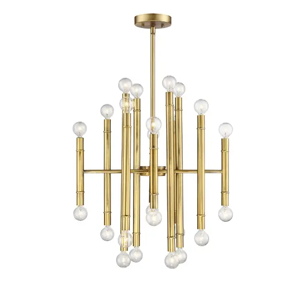 This bold, retro-inspired 24-light chandelier is sure to become the focal point of any room it illuminates! Natural Brass finish. 21" in height and 22" in width. Collection: Mchan Rooms: Bedroom, Closet, Dining Room, Entryway, Family Room, Foyer, Great Room, Kitchen, Living Room, Lobby, Waiting Room, Media Room Finish: Natural Brass Notes: 7-EXTLG-322 Included: 4 x 12`` & 1 x 6``, 30° swivel Width: 22.00" Height: 21.00" Length: 22.00" Weight: 8.98 lb Wire: 80" Rod: 4 x 12" & 1 x 6" Canopy: 1"x5.13"x5.13" Number of Bulbs: 24 Maximum Wattage: 40.00 W Bulb Type: Candelabra Bulb Base: E12 Light Source: Incandescent/LED Dimmable Voltage: 120.00 V Material: Metal Safety Listing: UL/CUL Safety Rating: Dry LED