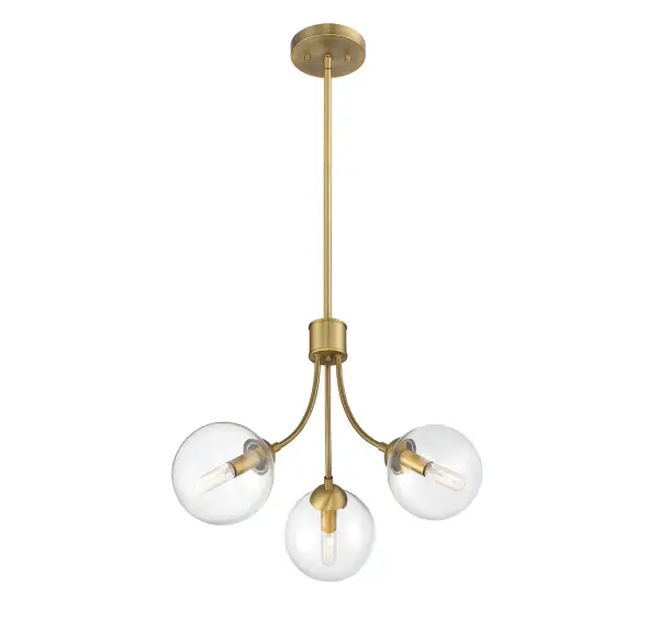Get mid-century modern inspired style for your home with this 3-light chandelier. Its curved arms are topped with orb-shaped shades of clear glass. Finished in natural brass. 13.5" in height and 18" in width. Collection: Mchan Rooms: Bedroom, Closet, Dining Room, Entryway, Family Room, Foyer, Great Room, Kitchen, Living Room, Lobby, Waiting Room, Media Room Finish: Natural Brass Glass: Clear Notes: Dual Mount Hanging System for flat or sloped ceilings. Width: 18.00" Height: 13.50" Length: 18.00" Weight: 4.47 lb Wire: 80" Rod: 4 x 12" & 1 x 6" Canopy: 1"x5.13"x5.13" Number of Bulbs: 3 Maximum Wattage: 60.00 W Bulb Type: T8 Bulb Base: E12 Light Source: Incandescent/LED Dimmable Voltage: 120.00 V Material: Metal, Glass Safety Listing: UL/CUL Safety Rating: Dry LED