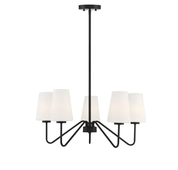 This Meridian 5-light chandelier features an elegant look that draws inspiration from the days of midcentury modern style, pairing conical shades of white glass with a matte black finish. It is 12" in height and 25.75" in width, plus it includes four 12" downrods and one 6" downrod to let you adjust the height for a maximum of 66". This chandelier uses 5 candelabra size bulbs with a max of 60 watts per bulb, is LED compatible, is dimmable and can be used on a sloped ceiling. Rooms: Bedroom, Closet, Dining Room, Entryway, Family Room, Foyer, Great Room, Kitchen, Living Room, Lobby, Waiting Room, Media Room Finish: Matte Black Glass: White Width: 25.75" Height: 12.00" Length: 25.75" Weight: 7.52 lb Wire: 80" Rod: 4 x 12" & 1 x 6" Canopy: 0.88"x5.13"x5.13" Number of Bulbs: 5 Maximum Wattage: 60.00 W Bulb Type: E12 Bulb Base: E12 Light Source: Incandescent/LED Dimmable Voltage: 120.00 V Material: Metal, Glass Safety Listing: UL/CUL Safety Rating: Dry LED