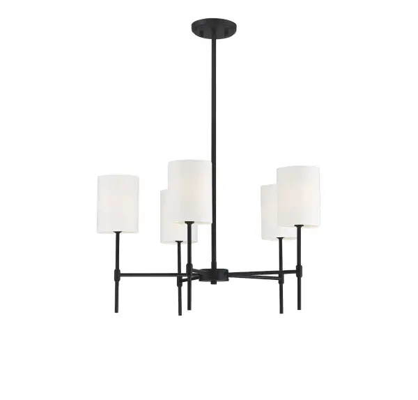 Bring an understated yet bold lighting look to your home with this sleek 5-light chandelier. It features long, tall arms topped by white fabric shades and finished in matte black. It's the perfect way to brighten up and perk up the style of any room. It is 15" in height and 25" in width, plus it includes four 12" downrods and one 6" downrod to let you adjust the hanging height for a maximum of 61". It uses 5 candelabra size bulbs of up to 60 watts per bulb, is LED compatible and is dimmable. Collection: Mchan Rooms: Bedroom, Closet, Dining Room, Entryway, Family Room, Foyer, Great Room, Kitchen, Living Room, Lobby, Waiting Room, Media Room Finish: Matte Black Glass: White Fabric Notes: 7-EXT-BK Included: 4 x 12`` & 1 x 6``, 30° swivel Width: 25.00" Height: 15.00" Length: 25.00" Weight: 5.06 lb Wire: 80" Rod: 4 x 12" & 1 x 6" Canopy: 0.75"x5"x5" Number of Bulbs: 5 Maximum Wattage: 60.00 W Bulb Type: C11 Bulb Base: E12 Light Source: Incandescent/LED Dimmable Voltage: 120.00 V Material: Metal, Fabric Safety Listing: UL/CUL Safety Rating: Dry LED