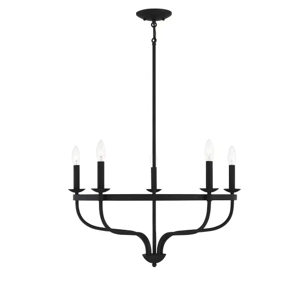 The sleek simplicity of this Meridian 5-light chandelier gives it versatility and makes it work well in a wide variety of decor styles, including transitional, farmhouse and even modern. It is finished in matte black, too, so it can go with anything. This chandelier is 14.5" in height and 26.63" in width, plus it includes four 12" downrods and one 6" downrod to let you adjust the height for a maximum of 68.5". This chandelier uses 5 candelabra size bulbs of up to 60 watts each, is LED compatible and is dimmable. You can use this chandelier on a sloped ceiling. Rooms: Bedroom, Closet, Dining Room, Entryway, Family Room, Foyer, Great Room, Kitchen, Living Room, Lobby, Waiting Room, Media Room Finish: Matte Black Notes: Dual Mount Hanging System for flat or sloped ceilings. Width: 26.63" Height: 14.50" Length: 26.63" Weight: 5.28 lb Wire: 80" Rod: 4 x 12" & 1 x 6" Canopy: 1"x5.13"x5.13" Number of Bulbs: 5 Maximum Wattage: 60.00 W Bulb Type: C11 Bulb Base: E12 Light Source: Incandescent/LED Dimmable Voltage: 120.00 V Material: Metal Safety Listing: UL/CUL Safety Rating: Dry LED