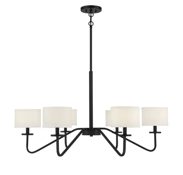 This Meridian 6-light chandelier changes up the traditional chandelier shape with long, thin arms that are more dramatically stretched, each topped with a shade of white fabric. Finished in matte black. Ideal for rooms with transitional, contemporary or modern decor styles! This chandelier is 18" in height and 42" in width, plus it includes four 12" downrods and one 6" downrod to let you adjust the height for a maximum of 72". This chandelier uses 6 candelabra size bulbs of up to 60 watts each, is LED compatible and is dimmable. Rooms: Bedroom, Closet, Dining Room, Entryway, Family Room, Foyer, Great Room, Kitchen, Living Room, Lobby, Waiting Room, Media Room Finish: Matte Black Glass: White Fabric Notes: Dual Mount Hanging System for flat or sloped ceilings. Width: 42.00" Height: 18.00" Length: 42.00" Weight: 6.69 lb Wire: 80" Rod: 4 x 12" & 1 x 6" Canopy: 0.75"x6"x6" Number of Bulbs: 6 Maximum Wattage: 60.00 W Bulb Type: C11 Bulb Base: E12 Light Source: Incandescent/LED Dimmable Voltage: 120.00 V Material: Metal, Fabric Safety Listing: UL/CUL Safety Rating: Dry LED