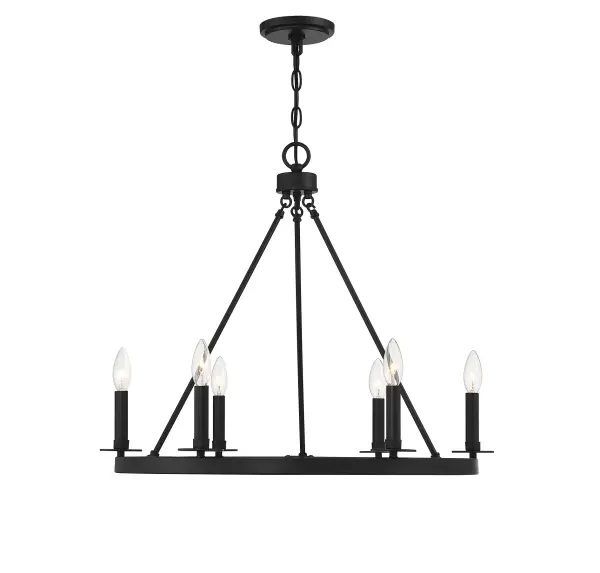 Featuring a stylish wagon-wheel shape, this Meridian 6-light chandelier offers up chic and versatile lighting for a wide variety of spaces and decor styles. Use it to brighten up a dining table, a living room, a bedroom…the possibilities are endless! Finished in matte black. This chandelier is 22" in height and 26" in width, plus it includes 120" of chain to let you adjust the height. This chandelier uses 6 candelabra size bulbs of up to 60 watts each, is LED compatible and is dimmable. Rooms: Bedroom, Closet, Dining Room, Entryway, Family Room, Foyer, Great Room, Kitchen, Living Room, Lobby, Waiting Room, Media Room Finish: Matte Black Width: 26.00" Height: 22.00" Length: 26.00" Weight: 8.22 lb Chain: 1 x 120" Wire: 144" Canopy: 0.75"x5.13"x5.13" Number of Bulbs: 6 Maximum Wattage: 60.00 W Bulb Type: C11 Bulb Base: E12 Light Source: Incandescent/LED Dimmable Voltage: 120.00 V Material: Metal Safety Listing: ETL/CETL Safety Rating: Dry LED