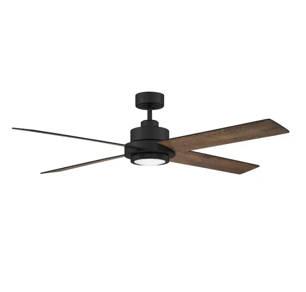 Stay comfortable in style with this contemporary 56" ceiling fan from Meridian! It features four blades and a chic matte black finish, creating a look that is perfectly suited for rooms with contemporary, modern and transitional styles. This fan is damp area rated, so it may be used in covered outdoor rooms like porches or patios in addition to indoors. It also includes an integrated dimmable 18-watt LED light that gives off 1400 lumens with a color temperature of 3000K. Plus, the fan comes with a remote control for added convenience! One 4.5-inch downrod is included and additional, longer downrods are sold separately. This ceiling fan is 14.34" in height. Thanks to its 6-speed, reversible DC motor, this ceiling fan is also very efficient. This fan's energy information is as follows: the airflow is 6034.25 cubic feet per minute, the electricity use is 31.83 watts and the airflow efficiency is 189.58 cubic feet per minute per watt. Rooms: Bedroom, Billiard Room, Family Room, Great Rooms, Kitchen, Living Room, Office, Sunroom, Workshop, Lobby, Waiting Room, Media Room Finish: Matte Black Glass: White Width: 56.00" Height: 14.34" Length: 56.00" Weight: 13.01 lb Wire: Wire Included: 80" Rod: 1 x 4.5" Canopy: 2.13"x5.12"x5.12" Bulbs Included Number of Bulbs: 1 Maximum Wattage: 18.00 W Bulb Type: LED Bulb Base: Integrated Light Source: LED Light Output: 1400.00 lm Color Temperature: 3000 K CRI: 90 Dimmable Voltage: 120.00 V Airflow: 6034 CFM Electricity Use: 31 W Airflow Efficiency: 0.41 CFM/W Blade Pitch: 13.5° Blade Span: 56" Blade Finish: Black/Antique Oak Light Kit: Included Speeds: 6 Control: Remote Downrod: 12", 18", 24", 36", 48", 60",72" Material: Metal, Glass, Plywood Safety Listing: UL Safety Rating: Damp LED