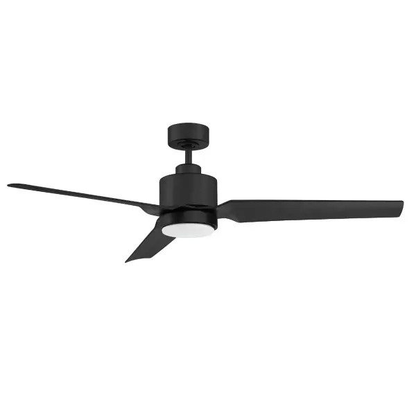 This Meridian 52" ceiling fan showcases a cool, contemporary look and a super chic matte black finish. It is perfect for use in rooms with contemporary, modern and transitional decor styles, plus it can be used in covered outdoor spaces like porches or patios because it is damp area rated. Along with comfort, this fan provides light from its integrated dimmable 16-watt LED light, giving off 1600 lumens with a color temperature of 3000K. A remote control is included for added convenience! One 4.5-inch downrod is included and additional, longer downrods are sold separately. This ceiling fan is 15.03" in height and has a 3-speed, reversible motor. This fan's energy information is as follows: the airflow is 5722.34 cubic feet per minute, the electricity use is 50.76 watts and the airflow efficiency is 112.73 cubic feet per minute per watt. Rooms: Bedroom, Billiard Room, Family Room, Great Rooms, Kitchen, Living Room, Office, Sunroom, Workshop, Lobby, Waiting Room, Media Room Finish: Matte Black Glass: White Opal Width: 52.00" Height: 15.03" Length: 52.00" Weight: 16.09 lb Wire: Wire Included: 80" Rod: 1 x 4.5" Canopy: 2.13"x5.12"x5.12" Bulbs Included Number of Bulbs: 1 Maximum Wattage: 18.00 W Bulb Type: LED Bulb Base: Integrated Light Source: LED Light Output: 1600.00 lm Color Temperature: 3000 K CRI: 90 Dimmable Voltage: 120.00 V Airflow: 5722 CFM Electricity Use: 50 W Airflow Efficiency: 0.44 CFM/W Blade Pitch: 14° Blade Span: 52" Blade Finish: Black Light Kit: Included Speeds: 3 Control: Remote Downrod: 12", 18", 24", 36", 48", 60",72" Material: Metal, Glass, PC345(ABS) Safety Listing: UL Safety Rating: Damp LED