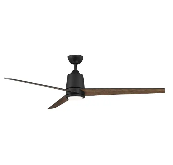 This Meridian 56" ceiling fan is on the cutting edge of style! Showcasing a trio of blades and a simply chic look with a matte black finish, this fan is an excellent choice for adding comfort and light to rooms with modern, contemporary and transitional style. An integrated dimmable 17-watt LED light that gives off 1350 lumens with a color temperature of 3000K is included. This fan is also very efficient thanks to its 6-speed, reversible DC motor. Because this ceiling fan is damp area rated, it may be used in covered outdoor spaces like porches or patios in addition to indoors. A remote control is included for added convenience. One 6-inch downrod is included and additional, longer downrods are sold separately. This ceiling fan is 17.28" in height. This fan's energy information is as follows: the airflow is 6567.70 cubic feet per minute, the electricity use is 35.31 watts and the airflow efficiency is 186 cubic feet per minute per watt. Rooms: Bedroom, Billiard Room, Family Room, Great Rooms, Kitchen, Living Room, Office, Sunroom, Workshop, Lobby, Waiting Room, Media Room Finish: Matte Black Glass: White Acrylic Width: 56.00" Height: 17.28" Length: 56.00" Weight: 11.02 lb Wire: Wire Included: 80" Rod: 1 x 6" Canopy: 2.13"x5.12"x5.12" Bulbs Included Number of Bulbs: 1 Maximum Wattage: 17.00 W Bulb Type: LED Bulb Base: Integrated Light Source: LED Light Output: 1350.00 lm Color Temperature: 3000 K CRI: 90 Dimmable Voltage: 120.00 V Airflow: 6567 CFM Electricity Use: 35 W Airflow Efficiency: 0.46 CFM/W Blade Pitch: 13° Blade Span: 56" Blade Finish: Black/Antique Oak Light Kit: Included Speeds: 6 Control: Remote Downrod: 12", 18", 24", 36", 48", 60",72" Material: Metal, Acrylic, Plywood Safety Listing: UL Safety Rating: Damp LED