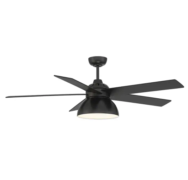 Creating a comfortable space is easier than ever with this Meridian 52" ceiling fan, featuring a bold industrial-inspired light shade and a chic matte black finish. Rooms: Bedroom, Billiard Room, Family Room, Great Rooms, Kitchen, Living Room, Office, Sunroom, Workshop, Lobby, Waiting Room, Media Room Finish: Matte Black Glass: Matte Black Metal Width: 52.00" Height: 24.95" Length: 52.00" Weight: 15.43 lb Wire: Wire Included: 80" Rod: 1 x 6" Canopy: 2"x5.5"x5.5" Bulbs Included Number of Bulbs: 1 Maximum Wattage: 19.00 W Bulb Type: LED Bulb Base: Integrated Light Source: LED Light Output: 1650.00 lm Color Temperature: 3000 K CRI: 90 Dimmable Voltage: 120.00 V Airflow: 5954 CFM Electricity Use: 33 W Airflow Efficiency: 0.46 CFM/W Blade Pitch: 13° Blade Span: 52" Blade Finish: Matte Black Light Kit: Included Speeds: 6 Control: Remote Downrod: 12", 18", 24", 36", 48", 60",72" Material: Metal, Plywood Safety Listing: UL Safety Rating: Damp LED