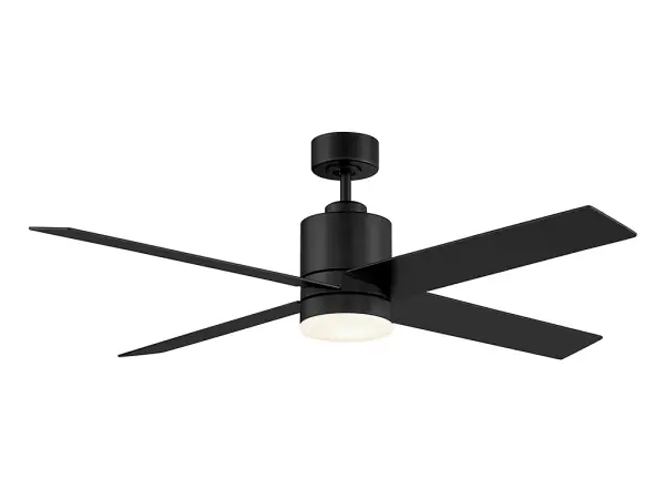 Stay cool in style with this sleek 52" ceiling fan, featuring four blades and a chic Matte Black finish. Reversible blades are finished in Black on one side and Antique Oak on the other. The integrated, dimmable fan light with white frosted glass shade offers up convenient illumination. If you prefer non-light use, a cover is also included. This fan is perfect for use in modern, contemporary and transitional interior spaces. 3-speed reversible motor. A handheld remote control is included for even more convenience! Comes with one 4.5" downrod (additional, longer downrods sold separately). The fan airflow is 4,665 cubic feet per minute, the electricity use is 58.3 watts and the airflow efficiency is 80.02 cubic feet per minute per watt. Collection: Dayton Rooms: Bedroom, Billiard Room, Family Room, Great Rooms, Kitchen, Living Room, Office, Sunroom, Workshop, Lobby, Waiting Room, Media Room Finish: Matte Black Glass: White Frosted Width: 52.00" Height: 14.50" Length: 52.00" Weight: 16.72 lb Wire: Wire Included: 80" Rod: 1 x 4.5" Canopy: 2.2"x5.12"x5.12" Bulbs Included Number of Bulbs: 1 Maximum Wattage: 17.00 W Bulb Type: LED Bulb Base: Integrated Light Source: LED Light Output: 1350.00 lm Color Temperature: 3000 K CRI: 90 Dimmable Voltage: 120.00 V Airflow: 4665 CFM Electricity Use: 58 W Airflow Efficiency: 80.02 CFM/W Blade Pitch: 13.5° Blade Span: 52" Blade Finish: Matte Black and Antique Oak Light Kit: Integrated Speeds: 3 Control: Remote Downrod: 12", 18", 24", 36", 48", 60", 72" Material: Metal, Glass, Plywood Safety Listing: UL Safety Rating: Dry LED