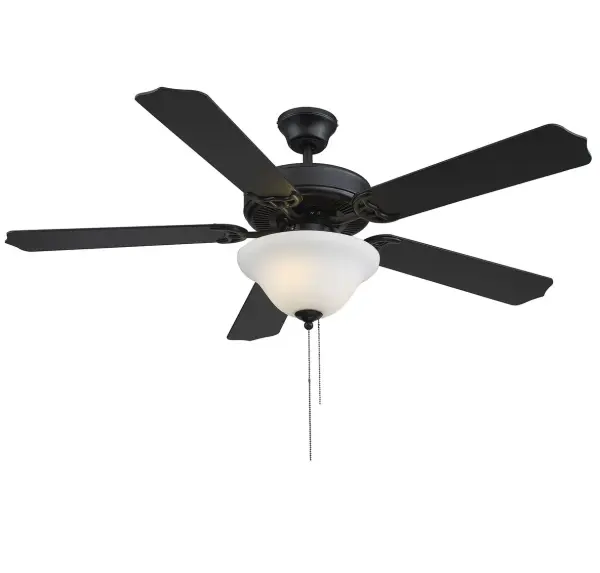 Stay cool in style with this versatile 52" ceiling fan, featuring five blades and a chic Matte Black finish. Reversible blades are finished in Walnut on one side and Matte Black on the other. Get helpful illumination from the integrated, dimmable fan light with a frosted white glass shade, too! This fan is perfect for all interior spaces. 3-speed reversible motor. Handheld remote options sold separately. Comes with a dual mounting system and one 4" downrod (additional, longer downrods sold separately). The fan airflow is 4,502.95 cubic feet per minute, the electricity use is 60.99 watts and the airflow efficiency is 73.83 cubic feet per minute per watt. Collection: First Value Rooms: Bedroom, Billiard Room, Family Room, Great Rooms, Kitchen, Living Room, Office, Sunroom, Workshop, Lobby, Waiting Room, Media Room Finish: Matte Black Glass: Frosted Opal Notes: Fan Control: Pull Chain Width: 52.00" Height: 26.20" Length: 52.00" Weight: 16.00 lb Wire: 80" Rod: 1 x 4" Canopy: 2.36"x5.17"x5.17" Bulbs Included Number of Bulbs: 2 Maximum Wattage: 9.00 W Bulb Type: A19 Bulb Base: E26 Light Source: Incandescent/LED Light Output: 750.00 lm Color Temperature: 2700 K CRI: 90 Dimmable Voltage: 120.00 V Airflow: 4502 CFM Electricity Use: 60 W Airflow Efficiency: 0.51 CFM/W Blade Pitch: 10.5° Blade Span: 52" Blade Finish: Matte Black Light Kit: Included Speeds: 3 Control: Pull Chain Downrod: 12", 18", 24", 36", 48", 60", 72" Material: Metal, Glass, MDF Safety Listing: UL Safety Rating: Dry LED