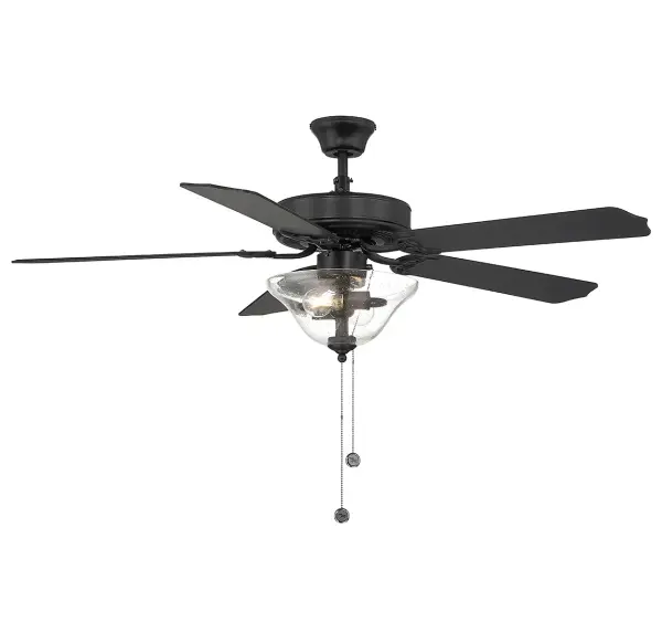 This 52" ceiling fan is an excellent way to stay comfortable and to stay on budget, too. The look is ideal for any home and the integrated clear bubble glass fan light provides bright illumination. Matte black finish. Blades are finished in black on one side and walnut on the other. Features a pull chain for 3-speed reversible control and a dual mounting system, with downrod and hugger, to suit most ceiling heights. Indoor use only. Rooms: Bedroom, Billiard Room, Family Room, Great Rooms, Kitchen, Living Room, Office, Sunroom, Workshop, Lobby, Waiting Room, Media Room Finish: Matte Black Glass: Clear Bubble Width: 52.00" Height: 26.20" Length: 52.00" Weight: 16.00 lb Wire: 80" Rod: 1 x 4" Canopy: 2.36"x5.17"x5.17" Bulbs Included Number of Bulbs: 2 Maximum Wattage: 9.00 W Bulb Type: E26 Bulb Base: E26 Light Source: Incandescent/LED Light Output: 750.00 lm Color Temperature: 3000 K CRI: 80 Dimmable Voltage: 120.00 V Airflow: 4502 CFM Electricity Use: 60 W Airflow Efficiency: 0.51 CFM/W Blade Pitch: 10.5° Blade Span: 52" Blade Finish: Walnut and Black Light Kit: Included Speeds: 3 Control: Pull Chain Downrod: 12", 18", 24", 36", 48", 60", 72" Material: Metal, Glass, MDF Safety Listing: UL Safety Rating: Dry LED