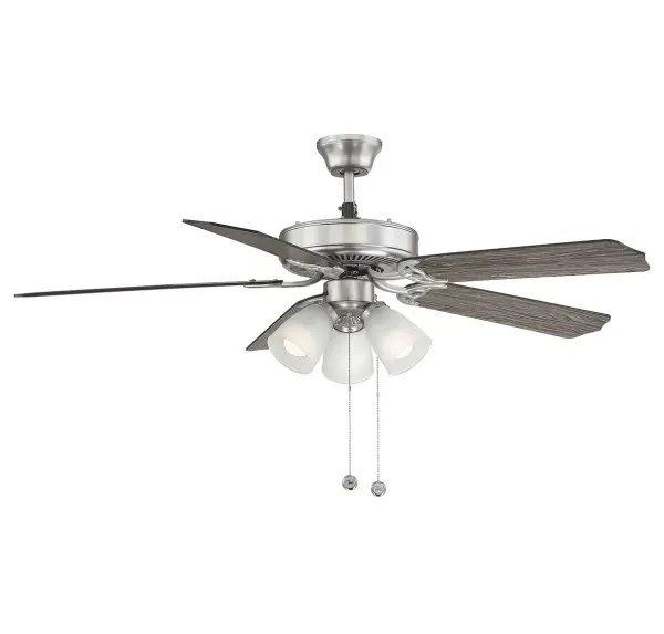 Stay cool in style with this versatile 52" ceiling fan, featuring a sleek Brushed Nickel finish and reversible blades finished in Chestnut on one side and Grey Weathered Oak on the other. Get helpful illumination from the integrated, dimmable fan lights with frosted white glass shades, too! If you prefer non-light use, a cover is also included. This fan is perfect for all interior spaces. 3-speed reversible motor. Handheld remote options sold separately. Comes with a dual mounting system and one 4.5-inch downrod (additional, longer downrods sold separately). The fan airflow is 4227 cubic feet per minute, the electricity use is 60.48 watts and the airflow efficiency is 69.89 cubic feet per minute per watt. Collection: First Value Rooms: Bedroom, Billiard Room, Family Room, Great Rooms, Kitchen, Living Room, Office, Sunroom, Workshop, Lobby, Waiting Room, Media Room Finish: Brushed Nickel Glass: White Notes: Fan Control: Pull Chain Width: 52.00" Height: 18.11" Length: 52.00" Weight: 16.94 lb Wire: 80" Rod: 1 x 4.5" Canopy: 2.36"x5.17"x5.17" Bulbs Included Number of Bulbs: 3 Maximum Wattage: 9.00 W Bulb Type: A19 Bulb Base: E26 Light Source: Incandescent/LED Light Output: 750.00 lm Color Temperature: 2700 K CRI: 90 Dimmable Voltage: 120.00 V Airflow: 4227 CFM Electricity Use: 60 W Airflow Efficiency: 0.5 CFM/W Blade Pitch: 11.5° Blade Span: 52" Blade Finish: Walnut and Chestnut Blade Quantity: 5 Light Kit: Included Speeds: 3 Control: Pull Chain Downrod: 12", 18", 24", 36", 48", 60", 72" Material: Metal, Glass, MDF Safety Listing: UL Safety Rating: Dry LED Manufacturer Warranty: Limited 15 Year Warranty