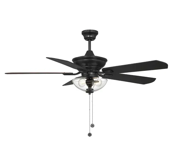 This 52" ceiling fan brings a polished look to any room with its matte black finish and clear glass light kit. The blades are finished in black on one side and walnut on the other. Two 3000K color temperature LED bulbs are included. Features a pull chain for 6-speed reversible control and a dual mounting system, with downrod and hugger, to suit most ceiling heights. This fan is damp area rated. Rooms: Bedroom, Billiard Room, Dining Room, Family Room, Great Room, Kitchen, Living Room, Office, Outdoor Ceilings, Patio, Pergola, Porch, Sunroom, Workshop, Lobby, Waiting Room, Media Room Finish: Matte Black Glass: Clear Width: 52.00" Height: 25.42" Length: 52.00" Weight: 18.70 lb Wire: 80" Rod: 1 x 6" Canopy: 2.5"x5"x5" Bulbs Included Number of Bulbs: 2 Maximum Wattage: 9.00 W Bulb Type: E26 Bulb Base: E26 Light Source: Incandescent/LED Light Output: 750.00 lm Color Temperature: 3000 K CRI: 80 Dimmable Voltage: 120.00 V Airflow: 5020 CFM Electricity Use: 25 W Airflow Efficiency: 0.36 CFM/W Blade Pitch: 12.5° Blade Span: 52" Blade Finish: Walnut/Black Light Kit: Included Speeds: 6 Control: Pull Chain Downrod: 12", 18", 24", 36", 48", 60", 72" Material: Metal, Glass, Plywood Safety Listing: UL Safety Rating: Damp LED