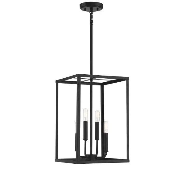 Go geometric with this 4-light pendant from Meridian! Its open, tall cubic structure allows for the lights within to shine brightly and create lighting beauty in rooms with contemporary or transitional decor styles. Finished in chic matte black. This pendant is 18" in height and 12" in width, plus it includes four 12" downrods and one 6" downrod to let you adjust the height for a maximum of 72". This pendant uses 4 candelabra size bulbs with a max of 60 watts per bulb, is LED compatible, is dimmable and can be used on a sloped ceiling. Rooms: Bedroom, Billiard Room, Dining Room, Foyer, Kitchen, Office, Powder Room, Stairway, Lobby, Waiting Room, Media Room Finish: Matte Black Notes: Dual Mount Hanging System for flat or sloped ceilings. Width: 12.00" Height: 18.00" Length: 12.00" Weight: 6.82 lb Wire: 80" Rod: 4 x 12" & 1 x 6" Canopy: 1"x5.13"x5.13" Number of Bulbs: 4 Maximum Wattage: 60.00 W Bulb Type: T6 Bulb Base: E12 Light Source: Incandescent/LED Dimmable Voltage: 120.00 V Material: Metal Safety Listing: UL/CUL Safety Rating: Dry LED