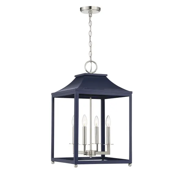 Crisp and traditional lantern style lighting is given an update in this Meridian 4-light pendant, which features a navy blue finish accentuated by polished nickel. 25.5" height and 15.25" width. Max 60 watts per bulb, candelabra size C11 bulbs recommended. LED bulb compatible. Supplied with 120" of chain. Rooms: Bedroom, Billiard Room, Dining Room, Foyer, Kitchen, Office, Powder Room, Stairway, Lobby, Waiting Room, Media Room Finish: Navy Blue with Polished Nickel Width: 15.25" Height: 25.50" Length: 15.25" Weight: 13.86 lb Chain: 1 x 120" Wire: 144" Canopy: 0.98"x5.13"x5.2" Number of Bulbs: 4 Maximum Wattage: 60.00 W Bulb Type: E-12 Bulb Base: E12 Light Source: Incandescent/LED Dimmable Voltage: 120.00 V Material: Metal Safety Listing: UL/CUL Safety Rating: Dry LED