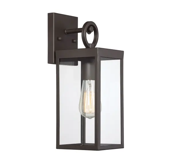 This bold 1-light outdoor wall light will bring a thoughtful touch of modern farmhouse flair to your great outdoors! An angular structure holds panes of clear glass and is finished in oil rubbed bronze. Wet area rated. It is 10" in height and 5" in width. It extends 5.5" from the wall. It uses 1 standard size bulb of up to 60 watts, is LED compatible and is dimmable. Collection: Moutd Rooms: Outdoor Wall, Porch Finish: Oil Rubbed Bronze Glass: Clear Width: 5.00" Height: 10.00" Weight: 3.74 lb Extension from Wall: 5.50" Canopy: 5.25"x4.5" Number of Bulbs: 1 Maximum Wattage: 60.00 W Bulb Type: A19 Bulb Base: E26 Light Source: Incandescent/LED Dimmable Voltage: 120.00 V Material: Metal, Glass Safety Listing: UL/CUL Safety Rating: Wet LED