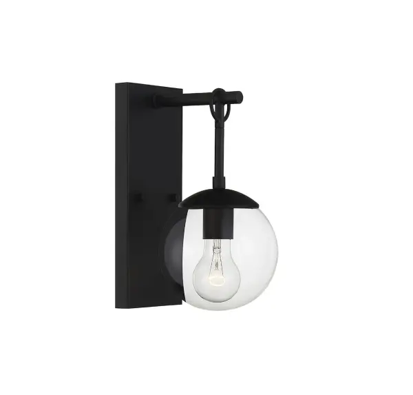 Change out your exterior lighting for something fresher and bubblier when you get this 1-light outdoor wall light. We love how the orb-shaped shade of clear seeded glass hangs down from an arm hung on a straight hook. Matte Black finish. Damp area rated, so use this in covered outdoor areas only. It is 11" in height and 6" in width. It extends 7" from the wall. It uses 1 standard size bulb of up to 60 watts, is LED compatible and is dimmable. Collection: Moutd Rooms: Outdoor Wall, Porch Finish: Matte Black Glass: Clear Width: 6.00" Height: 11.00" Weight: 1.94 lb Extension from Wall: 7.00" Canopy: 11"x4.75"x0.75" Number of Bulbs: 1 Maximum Wattage: 60.00 W Bulb Type: E26 Bulb Base: E26 Light Source: Incandescent/LED Dimmable Voltage: 120.00 V Material: Metal, Glass Safety Listing: UL/CUL Safety Rating: Damp LED