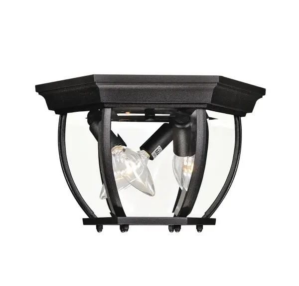 Brighten up your great outdoors with the timeless traditional look of this Meridian 3-light outdoor ceiling light. Its lantern inspired structure includes clear beveled glass shades and is finished in versatile black. 7" height, 9" width. Max 40 watts per bulb, candelabra size C11 bulbs recommended. LED bulb compatible. Wet area rated. Rooms: Bathroom, Bedroom, Billiard Room, Closet, Dining Room, Entryway, Family Room, Garage, Great Room, Kitchen, Hallway, Living Room, Office, Outdoor Ceilings, Porch, Powder Room, Stairway, Sunroom, Workshop, Lobby Finish: Black Glass: Clear Beveled Width: 9.00" Height: 7.00" Length: 9.00" Weight: 4.00 lb Extension from Wall: 9.00" Canopy: 1.38"x9.45"x9.45" Number of Bulbs: 3 Maximum Wattage: 40.00 W Bulb Type: E-12 Bulb Base: E12 Light Source: Incandescent/LED Dimmable Voltage: 120.00 V Material: Metal, Glass Safety Listing: UL/CUL Safety Rating: Wet LED