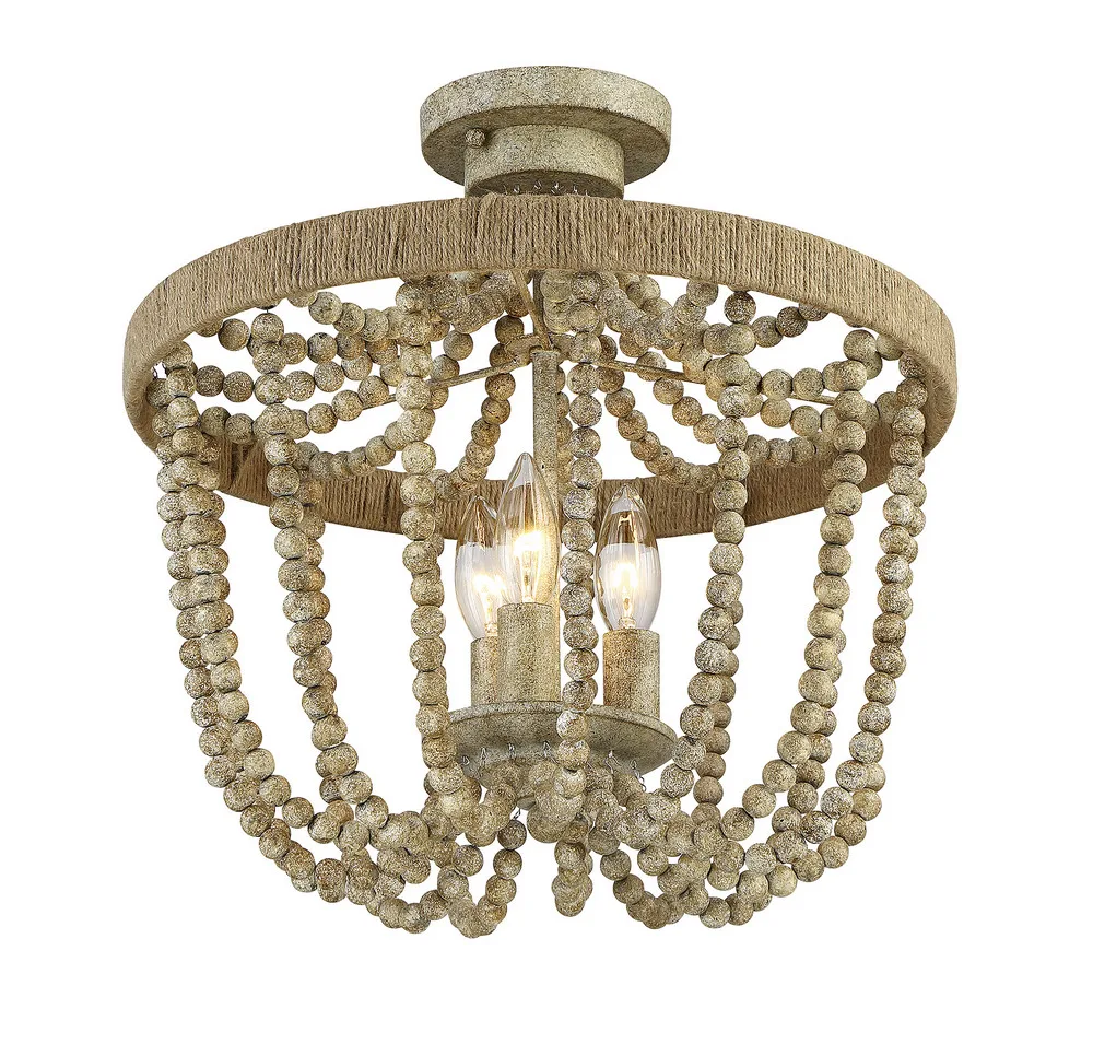 Msemi Three Light Semi-Flush Mount in Natural Wood with Rope