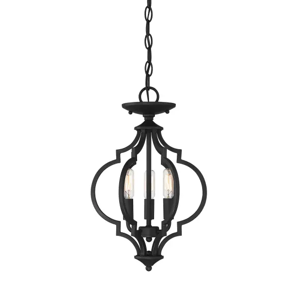 This charming Meridian 3-light convertible semi-flush light showcases an eye-catching quatrefoil style and is finished in a chic matte black that goes with anything. It is 16" in height and 11" in width. This light uses 3 candelabra size bulbs with a max of 60 watts per bulb, is LED compatible and is dimmable. You can use this light as a ceiling semi-flush light or as a hanging pendant and it comes with 120" of chain for pendant use. Rooms: Bedroom, Dining Room, Entryway, Family Room, Foyer, Great Room, Kitchen, Living Room, Office, Stairway, Lobby, Waiting Room, Media Room Finish: Matte Black Width: 11.00" Height: 16.00" Length: 11.00" Weight: 9.75 lb Chain: 1 x 120" Wire: 144" Canopy: 0.88"x5.13"x5.13" Number of Bulbs: 3 Maximum Wattage: 60.00 W Bulb Type: T6 Bulb Base: E12 Light Source: Incandescent/LED Dimmable Voltage: 120.00 V Material: Metal Safety Listing: UL/CUL Safety Rating: Dry LED