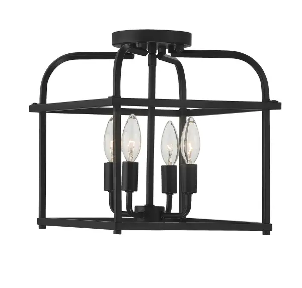 Go geometric in any room, even smaller spaces, with this 4-light ceiling semi-flush mount from Meridian! Its cubic structure with curving upper arms allows for the lights within to shine brightly and create lighting beauty in rooms with transitional, contemporary or farmhouse decor styles. Finished in matte black. This ceiling light is 12.5" in height and 12" in width. This ceiling mount uses 4 candelabra size bulbs of up to 60 watts each, is LED compatible and is dimmable. Rooms: Bedroom, Billiard Room, Closet, Dining Room, Entryway, Family Room, Garage, Great Room, Kitchen, Hallway, Living Room, Office, Powder Room, Stairway, Sunroom, Workshop, Lobby, Waiting Room, Media Room Finish: Matte Black Width: 12.00" Height: 12.50" Length: 12.00" Weight: 3.85 lb Canopy: 0.75"x5"x5" Number of Bulbs: 4 Maximum Wattage: 60.00 W Bulb Type: C11 Bulb Base: E12 Light Source: Incandescent/LED Dimmable Voltage: 120.00 V Material: Metal Safety Listing: UL/CUL Safety Rating: Dry LED