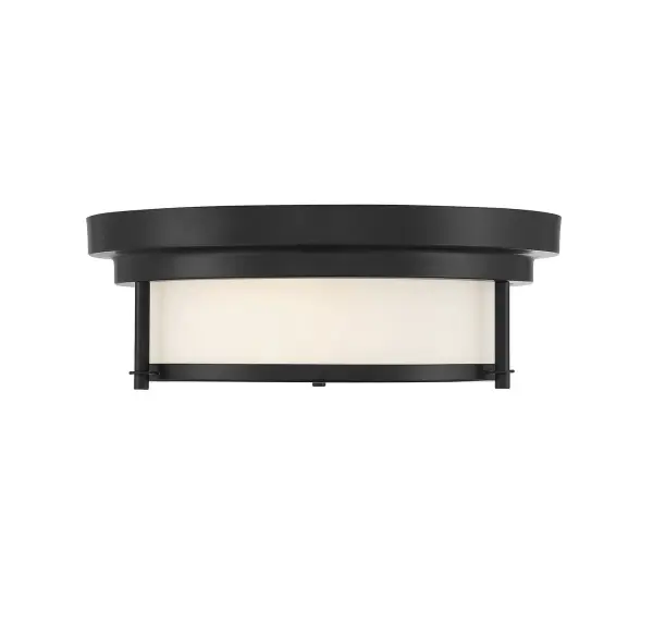 Instantly improve the illumination and style of any room, even smaller spaces or rooms with low ceilings, with this Meridian 2-light ceiling flush mount. Its understated look features a shade of white glass and a matte black finish. This ceiling light is 4.5" in height and 13" in width. It uses 2 standard size bulbs of up to 60 watts each, is dimmable and is LED compatible. Rooms: Bedroom, Billiard Room, Closet, Dining Room, Entryway, Family Room, Garage, Great Room, Kitchen, Hallway, Living Room, Office, Powder Room, Stairway, Sunroom, Workshop, Lobby, Waiting Room, Media Room Finish: Matte Black Glass: White Width: 13.00" Height: 4.50" Length: 13.00" Weight: 3.96 lb Canopy: 1.5"x13"x13" Number of Bulbs: 2 Maximum Wattage: 60.00 W Bulb Type: A19 Bulb Base: E26 Light Source: Incandescent/LED Dimmable Voltage: 120.00 V Material: Metal, Glass Safety Listing: UL/CUL Safety Rating: Dry LED