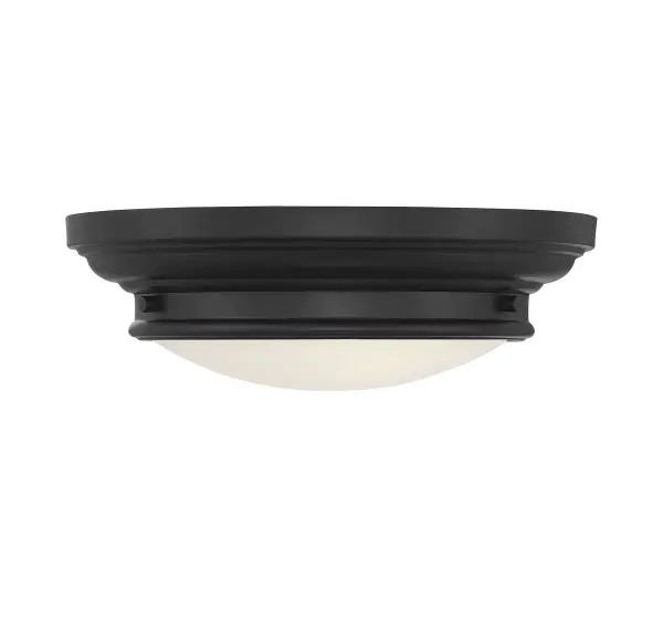 With this nautical-inspired Meridian 2-light ceiling flush mount, it's never been easier to boost the light and style in any room, even smaller ones! It is finished in matte black with a shade of white glass and eye-catching detailing. This ceiling light is 4.5" in height and 13" in width. It uses 2 standard size bulbs of up to 60 watts each, is dimmable and is LED compatible. Rooms: Bedroom, Billiard Room, Closet, Dining Room, Entryway, Family Room, Garage, Great Room, Kitchen, Hallway, Living Room, Office, Powder Room, Stairway, Sunroom, Workshop, Lobby, Waiting Room, Media Room Finish: Matte Black Glass: White Width: 13.00" Height: 4.50" Length: 13.00" Weight: 3.19 lb Canopy: 2.25"x13"x13" Number of Bulbs: 2 Maximum Wattage: 60.00 W Bulb Type: A19 Bulb Base: E26 Light Source: Incandescent/LED Dimmable Voltage: 120.00 V Material: Metal, Glass Safety Listing: UL/CUL Safety Rating: Dry LED