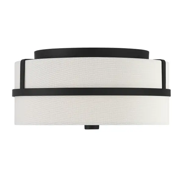 Pep up the lighting style in any room, especially smaller spaces, with this chic Meridian 2-light ceiling flush mount. Pairing a drum-shaped shade of white fabric with a matte black finish and cage detailing creates an intriguing look that is sure to please for years to come. Great for contemporary, modern and transitional rooms. This ceiling light is 6" in height and 13" in width. This ceiling mount uses 2 standard size bulbs of up to 60 watts each, is LED compatible and is dimmable. Rooms: Bedroom, Billiard Room, Closet, Dining Room, Entryway, Family Room, Garage, Great Room, Kitchen, Hallway, Living Room, Office, Powder Room, Stairway, Sunroom, Workshop, Lobby, Waiting Room, Media Room Finish: Matte Black Glass: White Fabric Width: 13.00" Height: 6.00" Length: 13.00" Weight: 4.03 lb Canopy: 0.75"x9.5"x9.5" Number of Bulbs: 2 Maximum Wattage: 60.00 W Bulb Type: A19 Bulb Base: E26 Light Source: Incandescent/LED Dimmable Voltage: 120.00 V Material: Metal, Fabric Safety Listing: ETL/CETL Safety Rating: Dry LED
