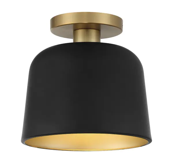 This Meridian 1-light ceiling light showcases a curving vintage-inspired shade that is finished in a stylish pairing of matte black with natural brass. 9" height and 9" width. Max 60 watt bulb, standard size A19 bulb recommended. LED bulb compatible. Rooms: Bedroom, Billiard Room, Closet, Dining Room, Entryway, Family Room, Garage, Great Room, Kitchen, Hallway, Living Room, Office, Powder Room, Stairway, Sunroom, Workshop, Lobby, Waiting Room, Media Room Finish: Matte Black with Natural Brass Glass: Matte Black Metal Width: 9.00" Height: 9.00" Length: 9.00" Weight: 1.98 lb Canopy: 0.79"x5.12"x5.12" Number of Bulbs: 1 Maximum Wattage: 60.00 W Bulb Type: A19 Bulb Base: E26 Light Source: Incandescent/LED Dimmable Voltage: 120.00 V Material: Metal Safety Listing: ETL/CETL Safety Rating: Dry LED