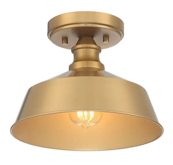 Bring a bold touch of vintage industrial style to any space with this 1-light ceiling light. It features a solid metal shade, eye-catching detailing and a natural brass finish. 7.75" height, 10" width. Uses standard size bulb, max 60 watts. LED bulb compatible. Rooms: Bedroom, Billiard Room, Closet, Dining Room, Entryway, Family Room, Garage, Great Room, Kitchen, Hallway, Living Room, Office, Powder Room, Stairway, Sunroom, Workshop, Lobby, Waiting Room, Media Room Finish: Natural Brass Glass: Metal Width: 10.00" Height: 7.75" Length: 10.00" Weight: 4.62 lb Canopy: 1"x5.13"x5.13" Number of Bulbs: 1 Maximum Wattage: 60.00 W Bulb Type: E26 Bulb Base: E26 Light Source: Incandescent/LED Dimmable Voltage: 120.00 V Safety Listing: UL/CUL Safety Rating: Dry LED