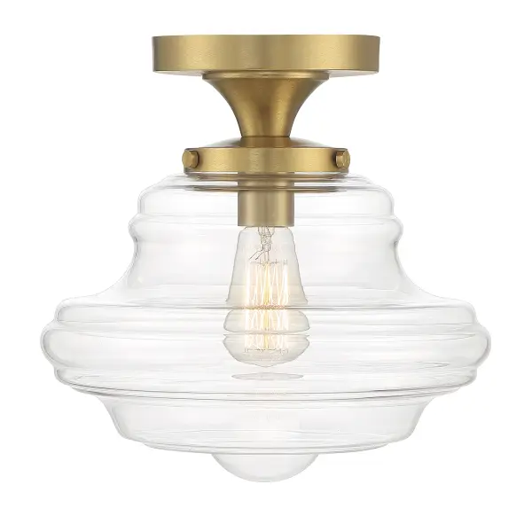 Bring a bold touch of vintage schoolhouse style to any space with this 1-light ceiling light. It features a natural brass finish and a curving clear glass shade with eye-catching detailing. 11.75" height, 12" width. Uses standard size bulb, max 60 watts. LED bulb compatible. Rooms: Bedroom, Billiard Room, Closet, Dining Room, Entryway, Family Room, Garage, Great Room, Kitchen, Hallway, Living Room, Office, Powder Room, Stairway, Sunroom, Workshop, Lobby, Waiting Room, Media Room Finish: Natural Brass Glass: Clear Width: 12.00" Height: 11.75" Length: 12.00" Weight: 3.04 lb Number of Bulbs: 1 Maximum Wattage: 60.00 W Bulb Type: E26 Bulb Base: E26 Light Source: Incandescent/LED Dimmable Voltage: 120.00 V Safety Listing: UL/CUL Safety Rating: Dry LED