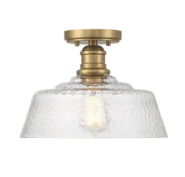 Bring a bold touch of vintage industrial style to any space with this 1-light ceiling light. It features a highly textured shade of glass, eye-catching detailing and a natural brass finish. 9.19" height, 13" width. Uses standard size bulb, max 60 watts. LED bulb compatible. Rooms: Bedroom, Billiard Room, Closet, Dining Room, Entryway, Family Room, Garage, Great Room, Kitchen, Hallway, Living Room, Office, Powder Room, Stairway, Sunroom, Workshop, Lobby, Waiting Room, Media Room Finish: Natural Brass Glass: Vintage Width: 13.00" Height: 9.19" Length: 13.00" Weight: 4.56 lb Canopy: 1"x5"x5" Number of Bulbs: 1 Maximum Wattage: 60.00 W Bulb Type: Filament Bulb Base: E26 Light Source: Incandescent/LED Dimmable Voltage: 120.00 V Safety Listing: UL/CUL Safety Rating: Dry LED