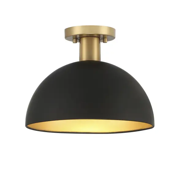This 1-light ceiling light showcases a curving vintage-inspired shade that is finished in a stylish pairing of matte black with natural brass. 9" height, 12" width. Uses standard size bulb, max 60 watts. LED bulb compatible. Rooms: Bedroom, Billiard Room, Closet, Dining Room, Entryway, Family Room, Garage, Great Room, Kitchen, Hallway, Living Room, Office, Powder Room, Stairway, Sunroom, Workshop, Lobby, Waiting Room, Media Room Finish: Matte Black with Natural Brass Glass: Metal Width: 12.00" Height: 9.00" Length: 12.00" Weight: 1.76 lb Canopy: 0.788"x5.122"x5.122" Number of Bulbs: 1 Maximum Wattage: 60.00 W Bulb Type: E26 Bulb Base: E26 Light Source: Incandescent/LED Dimmable Voltage: 120.00 V Safety Listing: ETL/CETL Safety Rating: Dry LED