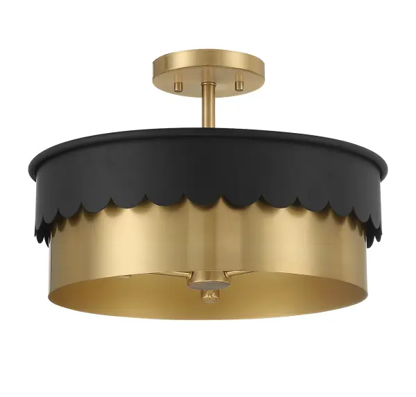 This 3-light ceiling semi-flush mount adds a whimsical and fun touch to the classic drum-style shade with scalloped detailing. The Matte Black and Natural Brass finish is fantastically versatile, too! This light can also be converted for use as a hanging pendant. 10.5" height and 16" width. Uses three candelabra size bulbs with a max of 60 watts per bulb (not included). Supplied with 120" of chain. Rooms: Bedroom, Billiard Room, Closet, Dining Room, Entryway, Family Room, Garage, Great Room, Kitchen, Hallway, Living Room, Office, Powder Room, Stairway, Sunroom, Workshop, Lobby, Waiting Room, Media Room Finish: Matte Black and Natural Brass Glass: Metal Width: 16.00" Height: 10.50" Length: 16.00" Weight: 7.10 lb Canopy: 0.75"x5"x5" Number of Bulbs: 3 Maximum Wattage: 60.00 W Bulb Type: E12 Bulb Base: E12 Light Source: Incandescent/LED Dimmable Voltage: 120.00 V Material: Metal Safety Listing: ETL/CETL Safety Rating: Dry LED