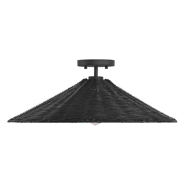 Add a relaxed, natural vibe to any room with this chic 1-light ceiling light. It flaunts a highly textured shade of natural rattan that is finished in black to match the fixture's Matte Black finish, bringing in a bold and fashionable flair. 8" height and 22" width. Uses one standard size bulb, max 60 watts. LED bulb compatible. Damp area rated. Rooms: Bedroom, Billiard Room, Closet, Dining Room, Entryway, Family Room, Garage, Great Room, Kitchen, Hallway, Living Room, Office, Powder Room, Stairway, Sunroom, Workshop, Lobby, Waiting Room, Media Room Finish: Matte Black Glass: Natural Rattan Width: 22.00" Height: 8.00" Length: 22.00" Weight: 2.43 lb Canopy: 0.75"x5"x5" Number of Bulbs: 1 Maximum Wattage: 60.00 W Bulb Type: E26 Bulb Base: E26 Light Source: Incandescent/LED Dimmable Voltage: 120.00 V Material: Metal, Natural Rattan Safety Listing: ETL/CETL Safety Rating: Damp LED Spec Sheet