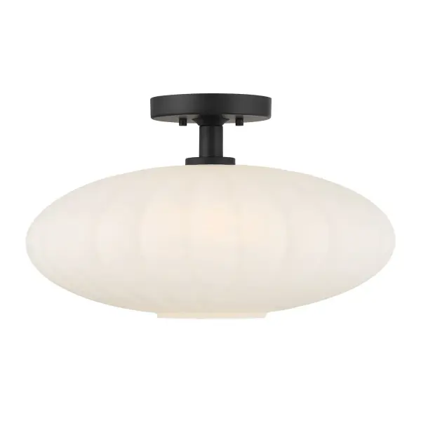 This 1-light ceiling semi-flush mount is an excellent way to boost the illumination in any room. Its ribbed white strie glass shade has a look inspired by the beauty of paper lanterns. The strie glass features dazzling swirls that draw the eye, soften the glow and work beautifully with the Matte Black finish. This ceiling light is 11" in height and 18" in width. Uses 1 standard size bulb of up to 60 watts. Bulb not included. Rooms: Bedroom, Billiard Room, Closet, Dining Room, Entryway, Family Room, Garage, Great Room, Kitchen, Hallway, Living Room, Office, Powder Room, Stairway, Sunroom, Workshop, Lobby, Waiting Room, Media Room Finish: Matte Black Glass: White Strie Width: 18.00" Height: 11.00" Length: 18.00" Weight: 9.90 lb Canopy: 1"x5.9"x5.9" Number of Bulbs: 1 Maximum Wattage: 60.00 W Bulb Type: E26 Bulb Base: E26 Light Source: Incandescent/LED Dimmable Voltage: 120.00 V Material: Metal, Glass Safety Listing: ETL Safety Rating: Dry LED