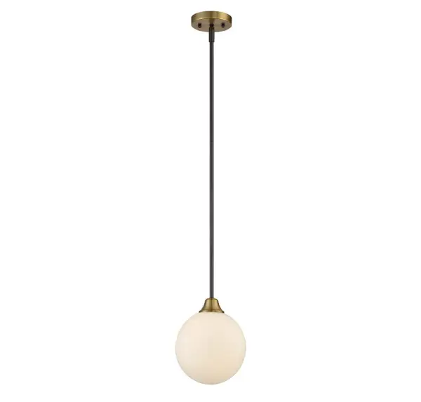 Find eye-catching mid-century modern style with this mini pendant! It features a stylish two-tone blend of brass and oiled rubbed bronze finishes, paired with an orb of white opal glass. 7.5" in height and 8" in width. Collection: Mmin2 Rooms: Bedroom, Billiard Room, Dining Room, Foyer, Kitchen, Office, Powder Room, Lobby, Waiting Room, Media Room Finish: Oil Rubbed Bronze with Natural Brass Glass: White Opal Notes: 7-EXT-13 Included: 3 x 9.5``, 90° swivel Width: 8.00" Height: 7.50" Length: 8.00" Weight: 4.40 lb Wire: 80" Rod: 3 x 9.5" Canopy: 4.8"x4.8" Number of Bulbs: 1 Maximum Wattage: 60.00 W Bulb Type: E12 Bulb Base: E12 Light Source: Incandescent/LED Dimmable Voltage: 120.00 V Material: Metal, Glass Safety Listing: UL/CUL Safety Rating: Dry LED