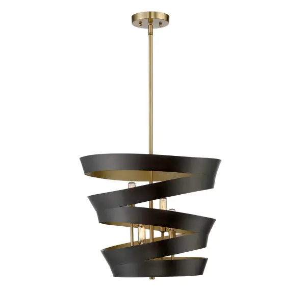 A swirling, twirling ribbon-like shade finished in matte black with gold inside creates a stunning look in this 4-light pendant. It is sure to be an eye-catcher no matter where it is used! 15.71" in height and 18.88" in width. Collection: Mpend Rooms: Bedroom, Billiard Room, Dining Room, Foyer, Kitchen, Office, Powder Room, Stairway, Lobby, Waiting Room, Media Room Finish: Matte Black with Gold Notes: 7-EXT-13 Included: 3 x 9.5``, 90° swivel Width: 18.88" Height: 15.71" Length: 18.88" Weight: 7.53 lb Wire: 80" Rod: 3 x 9.5" Canopy: 0.88"x5.13"x5.13" Number of Bulbs: 4 Maximum Wattage: 60.00 W Bulb Type: Candelabra Bulb Base: E12 Light Source: Incandescent/LED Dimmable Voltage: 120.00 V Material: Metal Safety Listing: UL/CUL Safety Rating: Dry LED