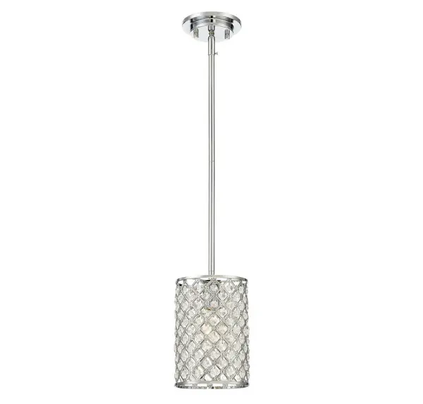 Decorate your home with the shimmering beauty of this 1-light pendant. Its woven patterned shade is adorned with faceted crystals and finished in Chrome. 8.5" in height and 6.25" in width. Collection: Mmin2 Rooms: Bedroom, Billiard Room, Dining Room, Foyer, Kitchen, Office, Powder Room, Lobby, Waiting Room, Media Room Finish: Chrome Crystal: Clear, Machine Cut Notes: 7-EXT-109 Included: 3 x 9.5``, 90° swivel Width: 6.25" Height: 8.50" Length: 6.25" Weight: 2.64 lb Wire: 80" Rod: 3 x 9.5" Canopy: 1.13"x5"x5" Number of Bulbs: 1 Maximum Wattage: 100.00 W Bulb Type: E26 Bulb Base: E26 Light Source: Incandescent/LED Dimmable Voltage: 120.00 V Material: Metal, Crystal Safety Listing: UL/CUL Safety Rating: Dry LED