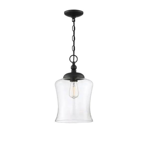 A curved, bell-shaped shade of clear glass imparts subdued yet dramatic style in this 1-light mini pendant, finished in Matte Black. It is 16.5" in height and 9.75" in width, plus it comes with 120" of chain to let you adjust the hanging height as needed. This light uses 1 standard size bulb with a maximum of 60 watts, is LED compatible and is dimmable. Collection: Mpend Rooms: Bedroom, Billiard Room, Dining Room, Foyer, Kitchen, Office, Powder Room, Stairway, Lobby, Waiting Room, Media Room Finish: Matte Black Glass: Clear Width: 9.75" Height: 16.50" Length: 9.75" Weight: 4.87 lb Chain: 1 x 120" Wire: 144" Canopy: 1.13"x5"x5" Number of Bulbs: 1 Maximum Wattage: 60.00 W Bulb Type: E26 Bulb Base: E26 Light Source: Incandescent/LED Dimmable Voltage: 120.00 V Material: Metal, Glass Safety Listing: ETL/CETL Safety Rating: Dry LED