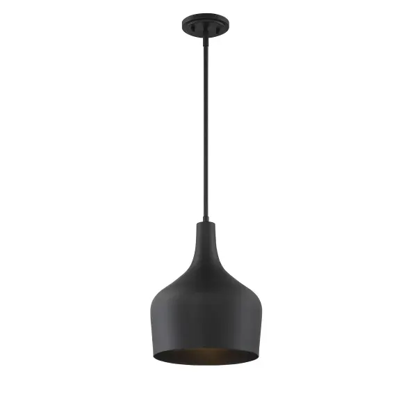 This 1-light pendant helps you bring a groovy lighting look to any space with its curvy, bell-shaped opaque metal shade and Matte Black finish. It is 14" in height and 10.5" in width, plus it comes with three 9.5" downrods. This light uses 1 standard size bulb of up to 60 watts maximum, is LED compatible, is dimmable and can be used on a sloped ceiling. Collection: Mpend Rooms: Bedroom, Billiard Room, Dining Room, Foyer, Kitchen, Office, Powder Room, Stairway, Lobby, Waiting Room, Media Room Finish: Matte Black Glass: Matte Black Metal Notes: 7-EXT-BK Included: 3 x 9.5``, 90° swivel Width: 10.50" Height: 14.00" Length: 10.50" Weight: 4.50 lb Wire: 80" Rod: 3 x 9.5" Canopy: 0.75"x5.13"x5.13" Number of Bulbs: 1 Maximum Wattage: 60.00 W Bulb Type: A19 Bulb Base: E26 Light Source: Incandescent/LED Dimmable Voltage: 120.00 V Material: Metal Safety Listing: ETL/CETL Safety Rating: Dry LED