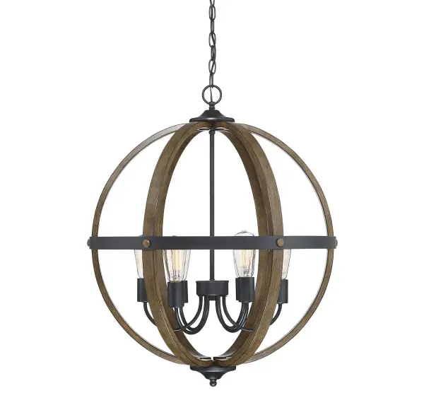 This large hoop style 6-light pendant makes a big style statement in your home! Wood and Black finish. 28.75" in height and 24" in width. Collection: Mpend Rooms: Bedroom, Billiard Room, Dining Room, Foyer, Kitchen, Office, Powder Room, Stairway, Lobby, Waiting Room, Media Room Finish: Wood with Black Width: 24.00" Height: 28.75" Length: 24.00" Weight: 16.10 lb Chain: 1 x 120" Wire: 144" Canopy: 0.75"x5"x5" Number of Bulbs: 6 Maximum Wattage: 60.00 W Bulb Type: A19 Bulb Base: E26 Light Source: Incandescent/LED Dimmable Voltage: 120.00 V Material: Metal Safety Listing: UL/CUL Safety Rating: Dry LED